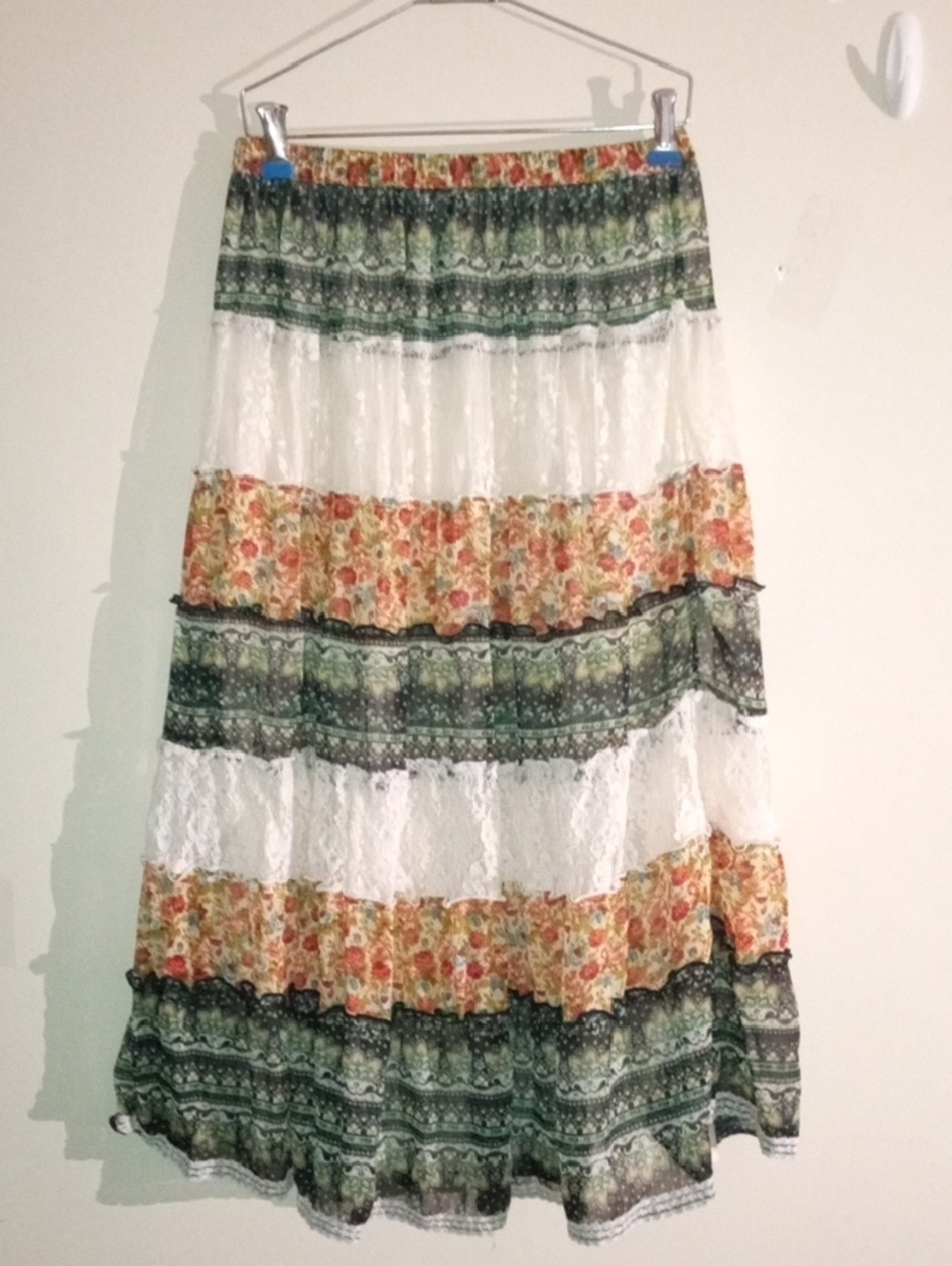 Young Threads Bohemian Tiered Maxi Skirt Sheer with Lining and Lace Trim